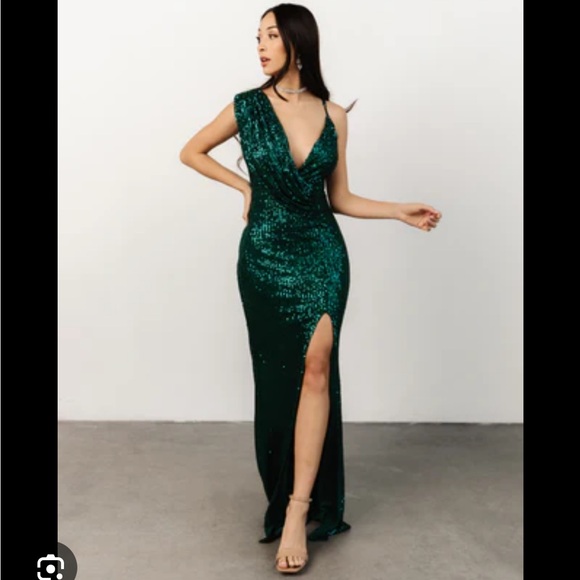 Baltic Born Sparkly GreenSequin Isla Asymmetrical Straps FrontSlit Dress NWT XS - Picture 3 of 16